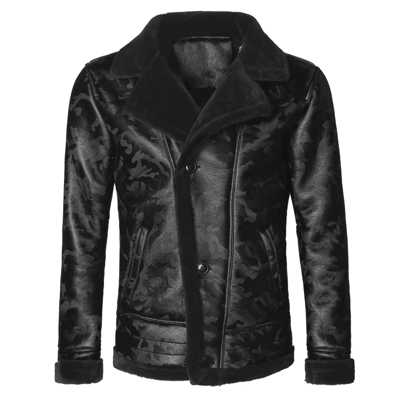 Black Lamb Woolen Men Fur Coat Winter Warm Camouflage Fur Collar Faux Mens Leather Jacket Moto Luxury Slim Natural Thick