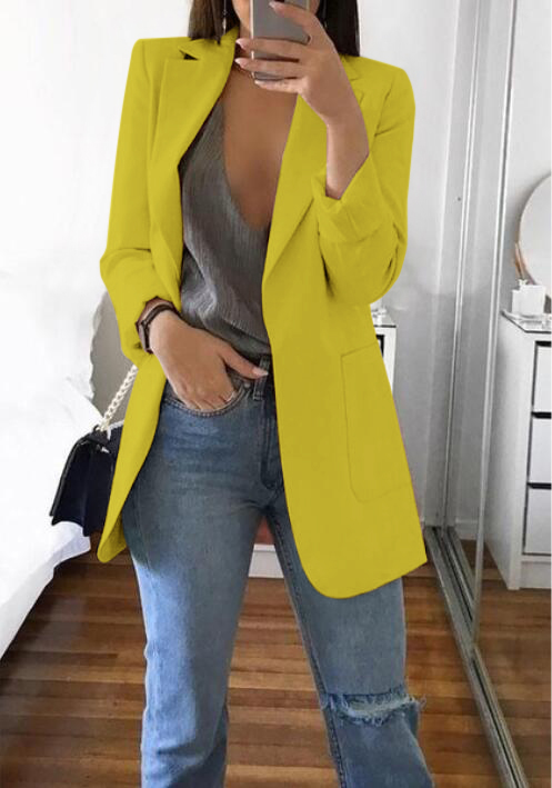 Fashion-Autumn Women Casual Slim Blazers Suit Jacket Fashion Lady Office Suit Black with Pockets Business Notched Blazer Coat