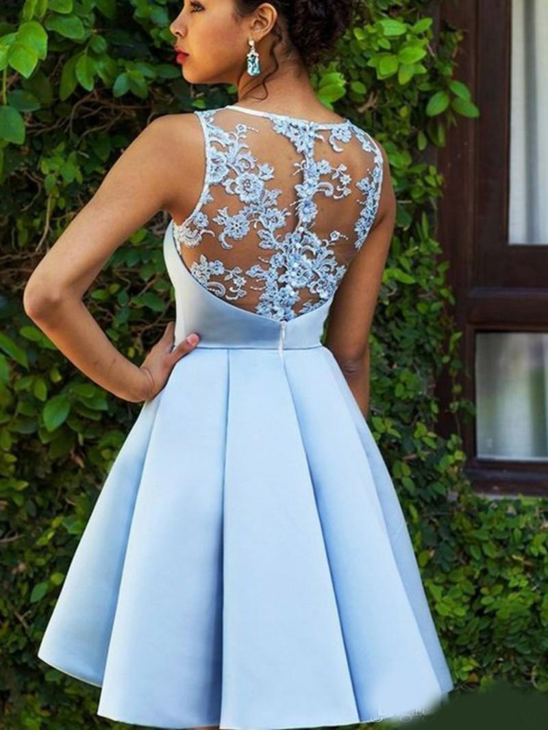 2020 New Short Sky Blue Cocktail Dresses Ball Gown Jewel Neck Lace Appliques Satin Illusion Ruffles Summer Party Gowns Homecoming Prom Dress