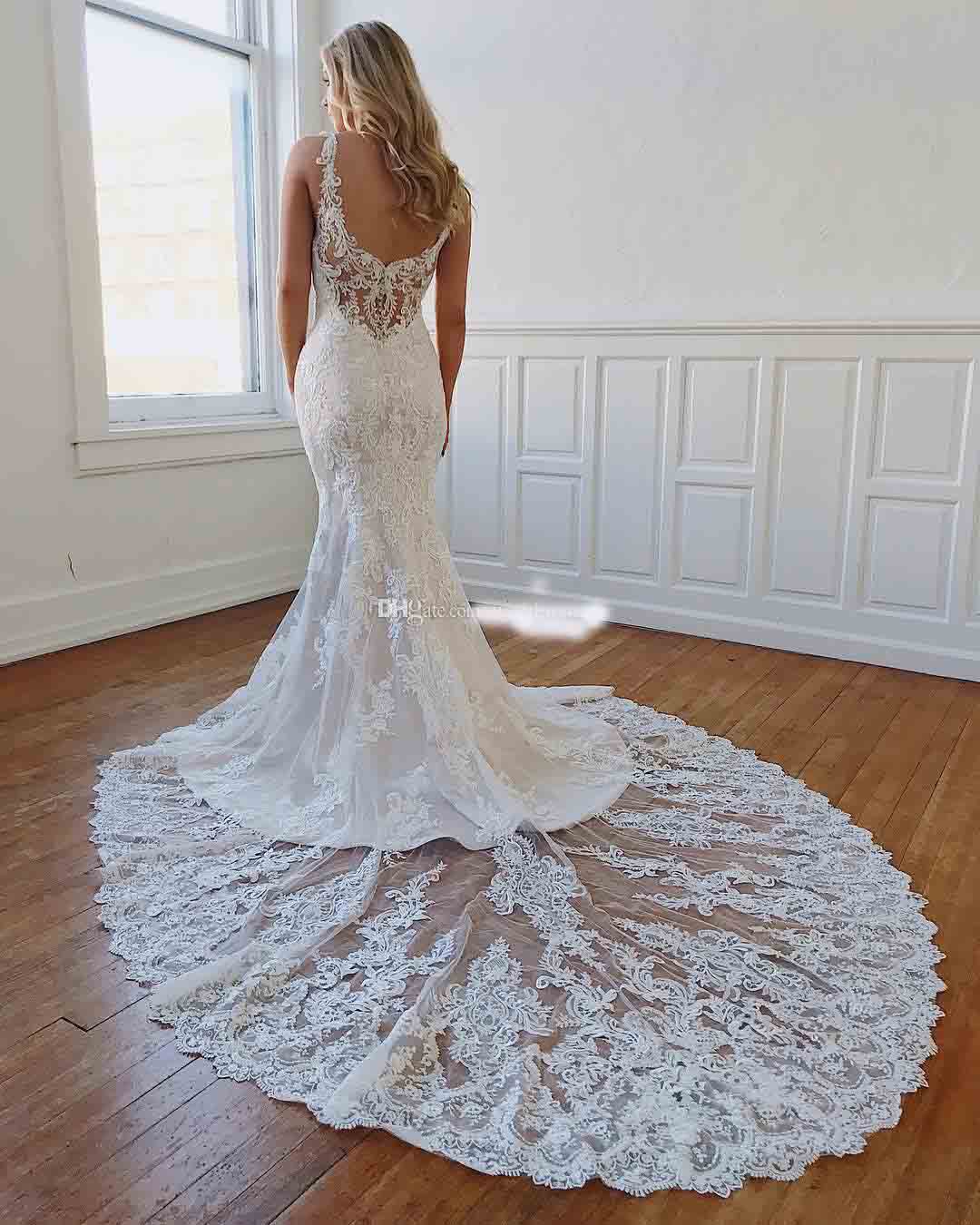 Elegant Mermaid Lace Backless Wedding Dresses Sheer Plunging Neck Beaded Bridal Gowns Court Train Plus Size Pearls Boho Vestido De Novia