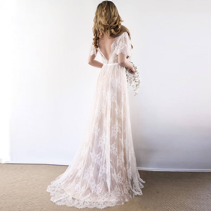 New Boho Wedding Dress 2020 V Neck Cap Sleeve Lace Beach Wedding Gown Cheap Backless Custom Made Bride Dresses robe de mariage