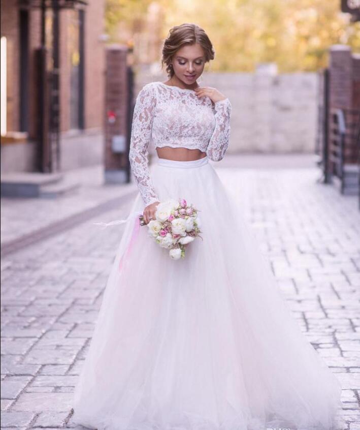 2019 New Beach Wedding Dresses Long Sleeves Lace Bride Gowns ruched two Pieces Princess Boho Long Sleeve With Tulle Bridal Dress zipper