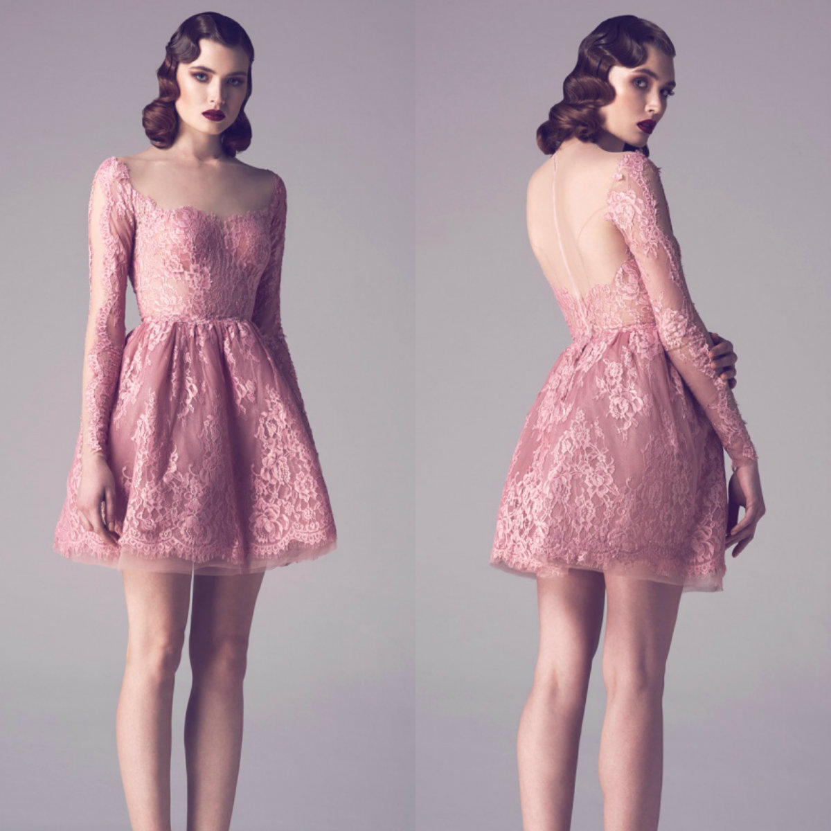 Fadwa Baalbaki Short Prom Dresses 2019 Lace Long Sleeve Appliques Mini Cocktail Party Dress Bridesmaid Dresses Women Evening Formal Wear