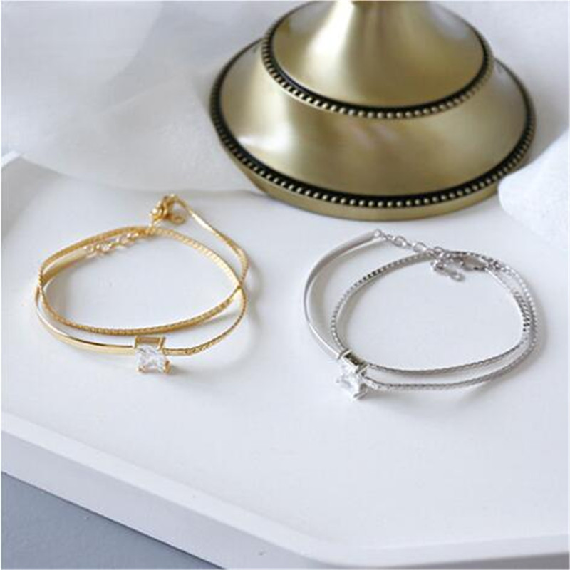 925 Sterling Silver 6MM Square Zircon Bracelets New Fashion Wild Layered Bracelet Student Female Silver Jewelry