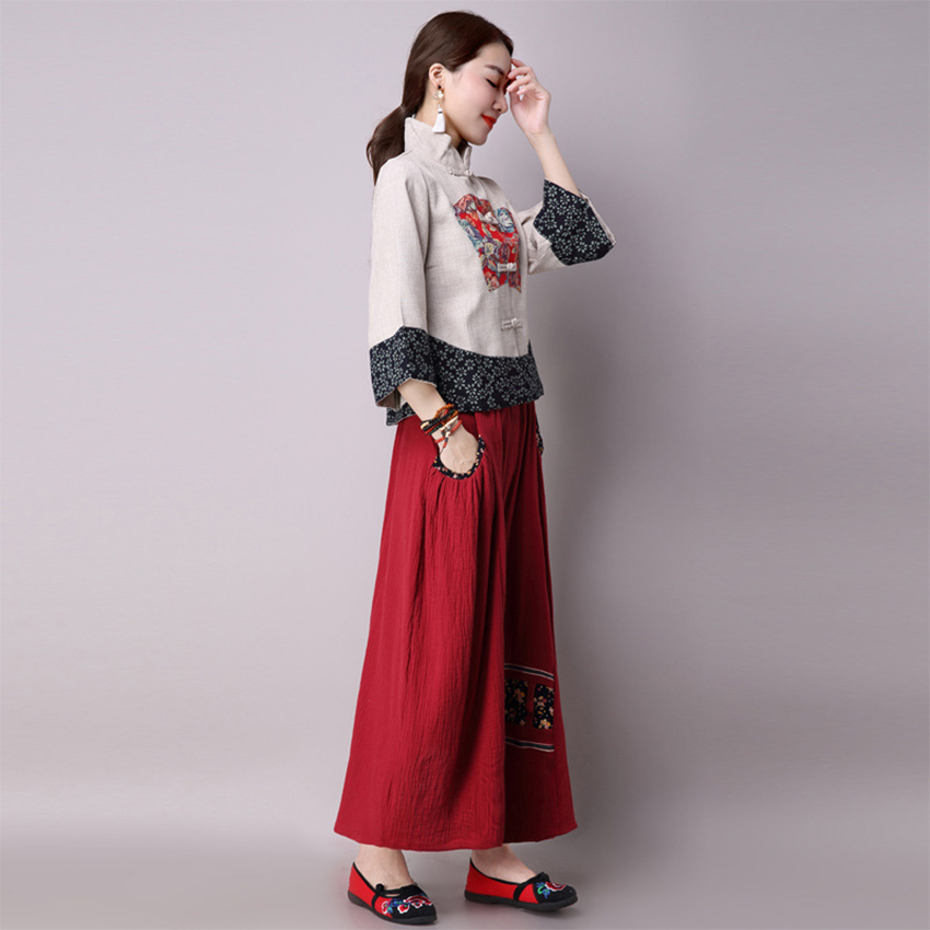 National Floral Print Cheongsam Chinese Dress for Women Skirt Embroidery Tangsuit Qipao Linen Long Sleeve Dresses Elegant