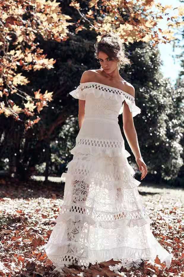 Dress Bohemia Beach Off Shoulder Tiered Lace Vestido De Noiva Elegant Boho See Through Cap Sleeve Wedding Gowns
