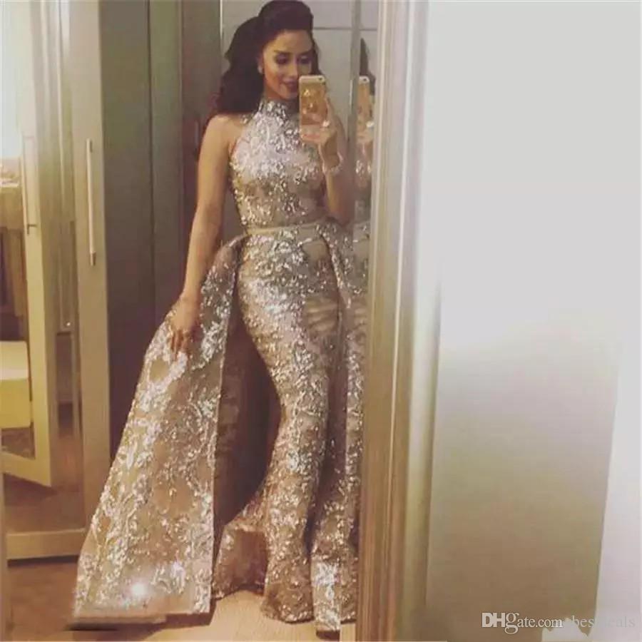 Yousef Aljasmi 2020 High Neck Mermaid Evening Dresses With Overskirts Sparkly Lace Applique Dubai Arabic Prom Dresses Evening Wear Gowns