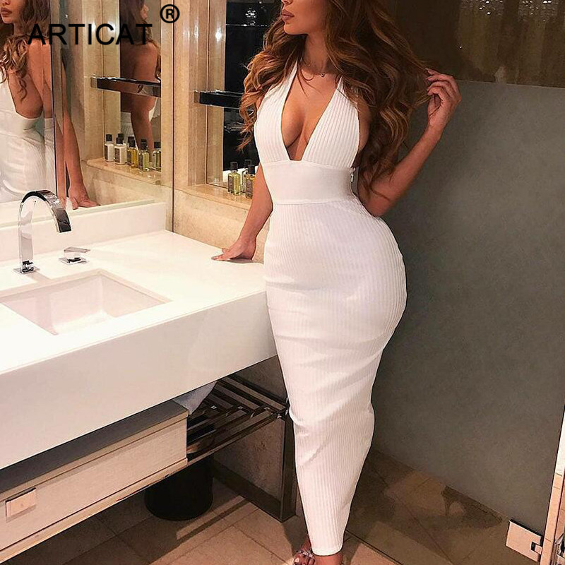 Articat Halter Backless Sexy Knitted Pencil Women White Off Shoulder Long Bodycon Party Elegant Autumn Winter Dress C19041701