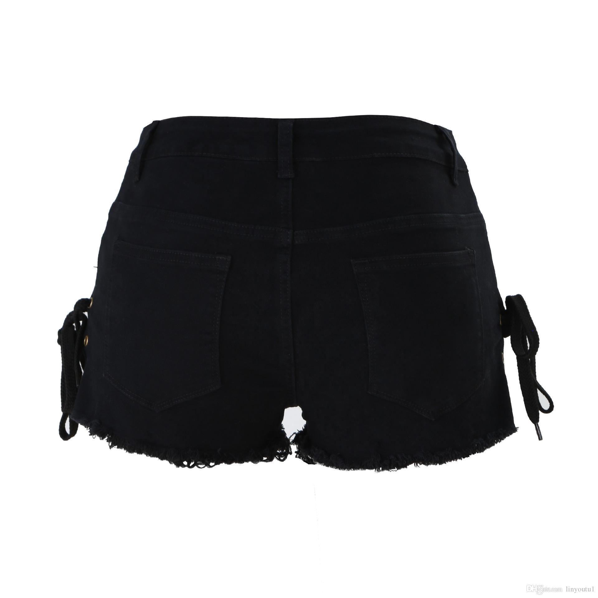 2020 Plus Size Tassel Denim Party Shorts Women Sexy Club Skinny Lace Up Mid Waist Hole Rivet Button Fly Black Short Jeans