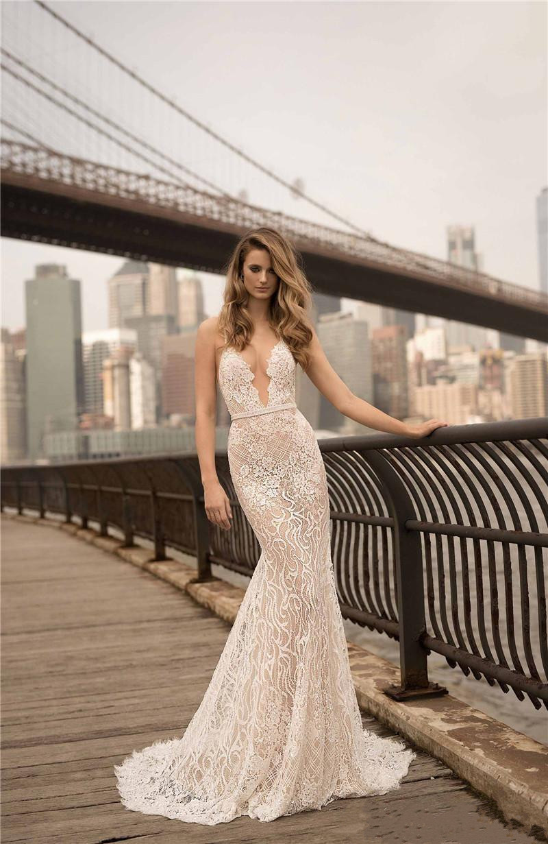 Berta Elegant Mermaid Wedding Dresses Illusion Bodice Backless Sweep Train Spaghetti Neck Full Lace Bridal Gowns Vestidos