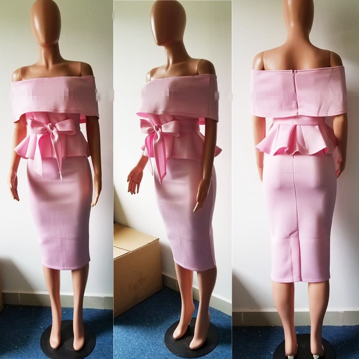 New Women Short Sleeve Ruffle Hem Shirts Bow 2 Piece Set Solid Lace Up Off Shoulder Tops and Bodycon Skirt Sexy Club Party Suits V191019