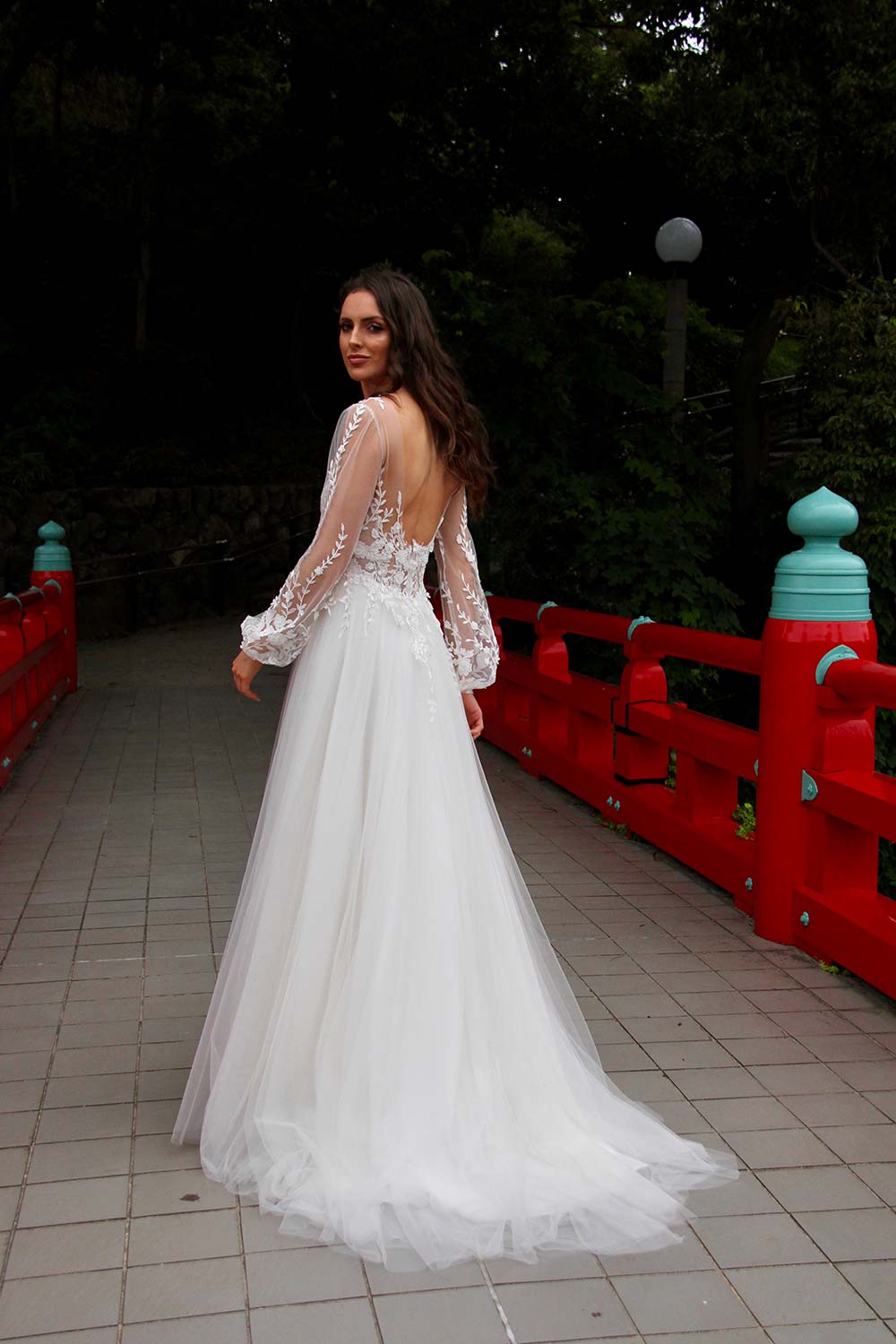 floral wedding dress vneck a line appliqued lace long sleeves bridal dress sweep train tulle illusion backless robes de marie