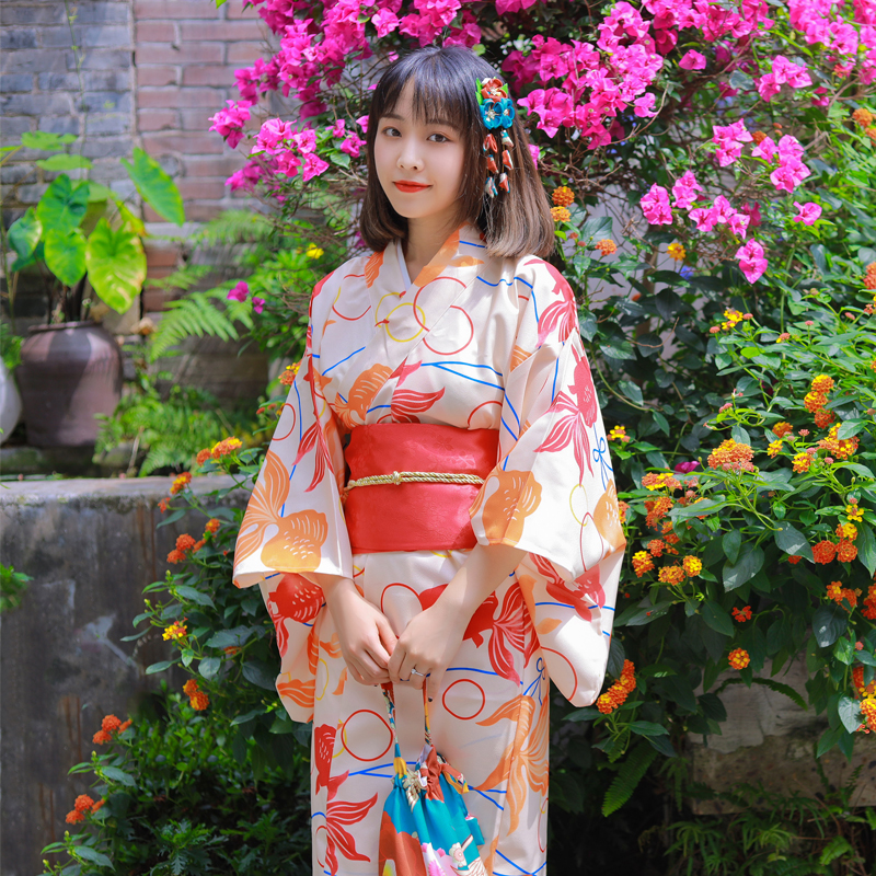 Cherry beauty Japanese kimono women formal red goldfish handle modified Clothing Standard version traditional kimono Japan Girl