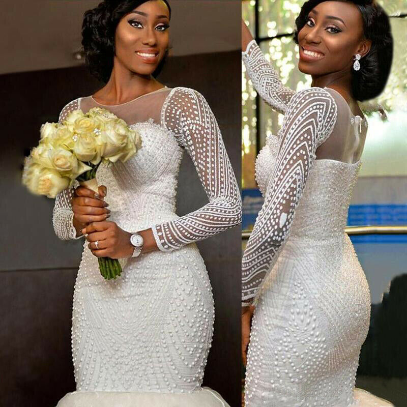 Luxury Full Beaded Mermaid Wedding Dresses Sheer Jewel Neck Long Sleeve Bridal Gowns South African Pearls Slim Floor Length Wedding Dress