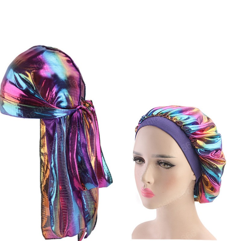 Fashion Men's Sparkly Silk Durag Bandana Headwear Colorful Wide Doo Rag Bonnet Polyester Cap Comfortable Sleeping Hat