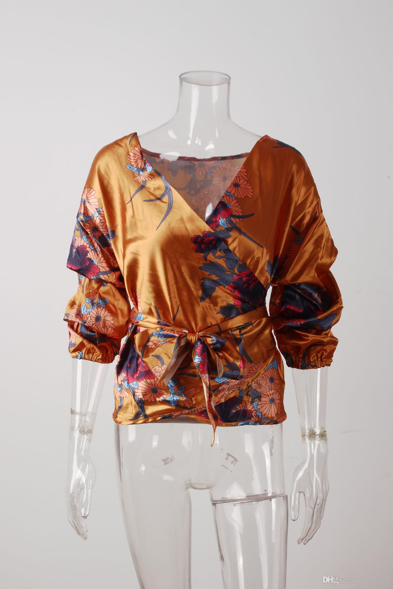 hot sale Women Blouse Sexy V Neck Floral Print Large Size Casual Belted Tunic Shirt Top Female women clothes