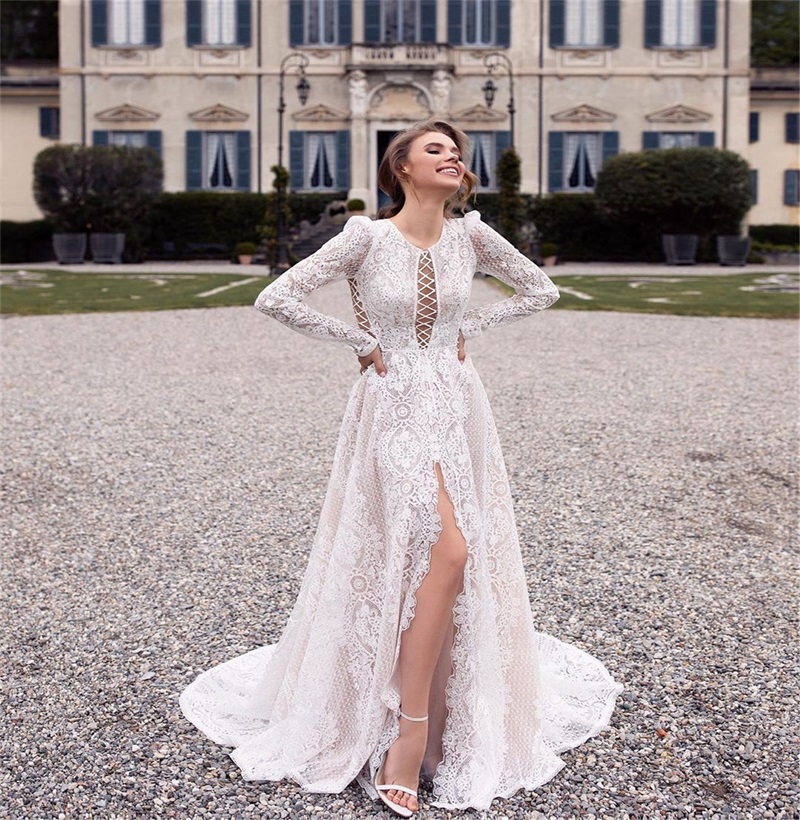 Vintage Boho A Line Wedding Dresses Sexy High-split Hollow Full Appliqued Lace Wedding Gown Long Sleeves Beach Custom Made Vestidos De Novia