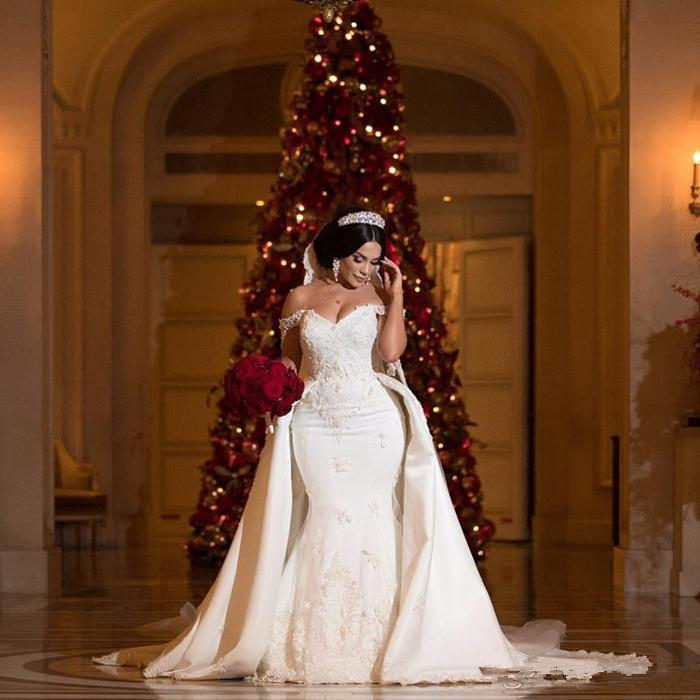 Elegant Beaded Lace Wedding Dresses With Detachable Train Off Shoulder Mermaid Bridal Gowns Applique Ivory Satin Wedding Dres