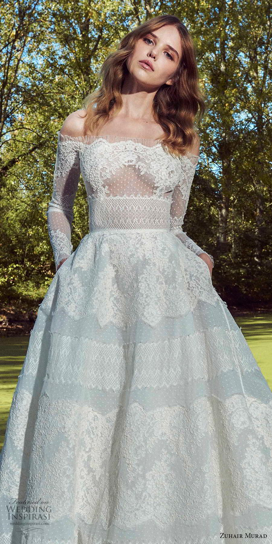 zuhair murad off shoulder lace long sleeve stripe appliques bridal gowns plus size country wedding gown robe de marie