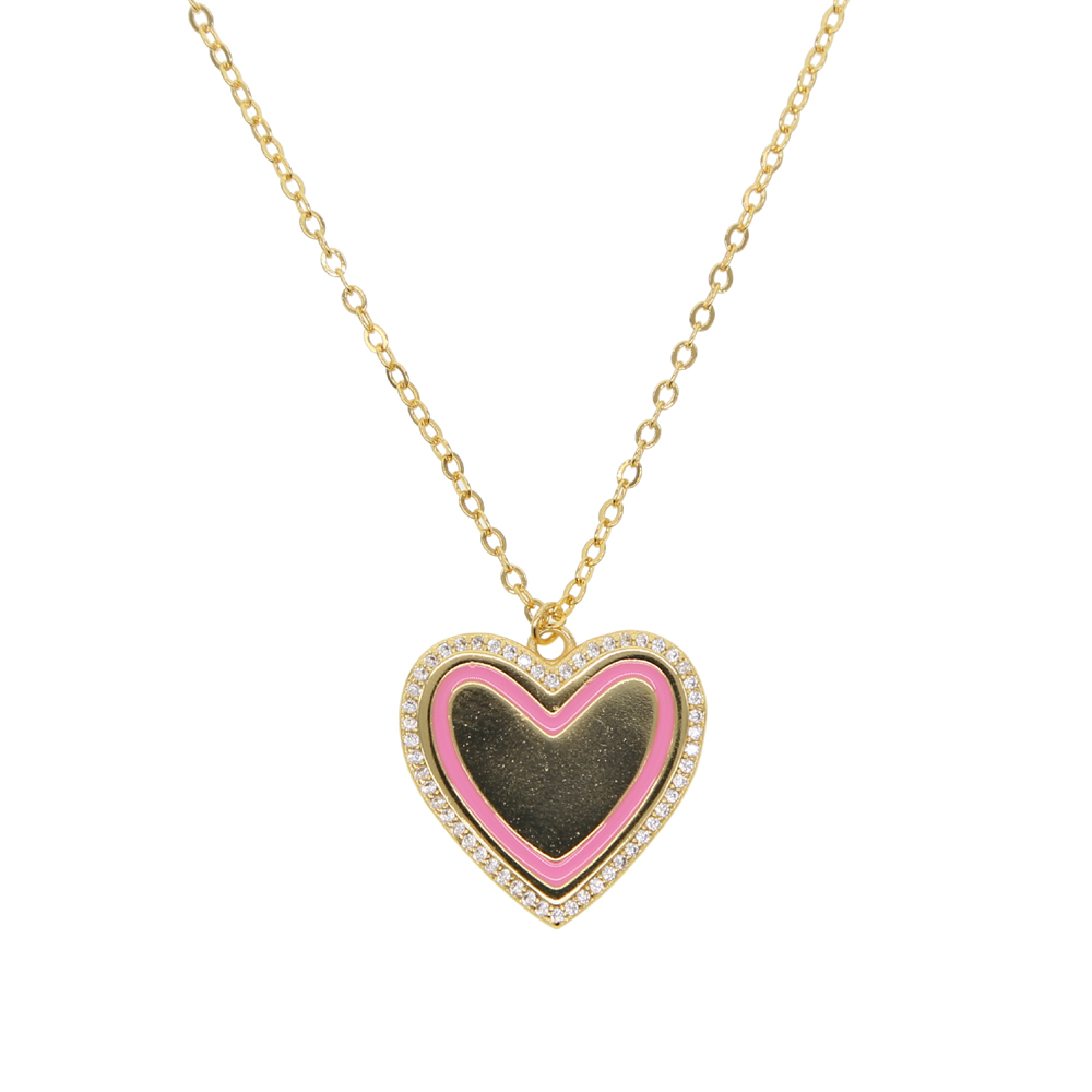 Valentines gift Heart pendant necklace with pink enamel polished heart charm long chain customize engrave name tag necklaces