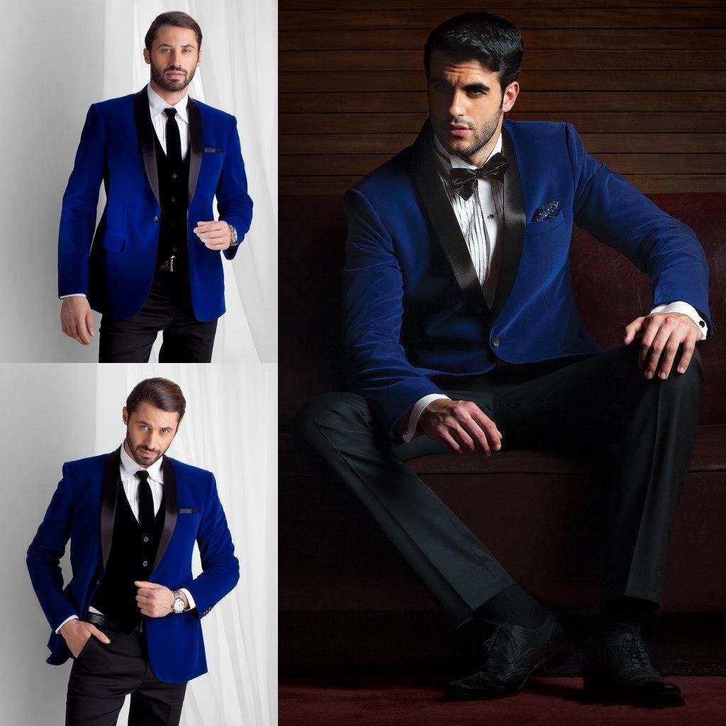 Royal Blue Velvet Groom Tuxedos ShawLapel Groomsman Wedding 3 Piece Suit Fashion Men Business Prom Jacket Blazer(Jacket+Pants+Tie+Vest)2856