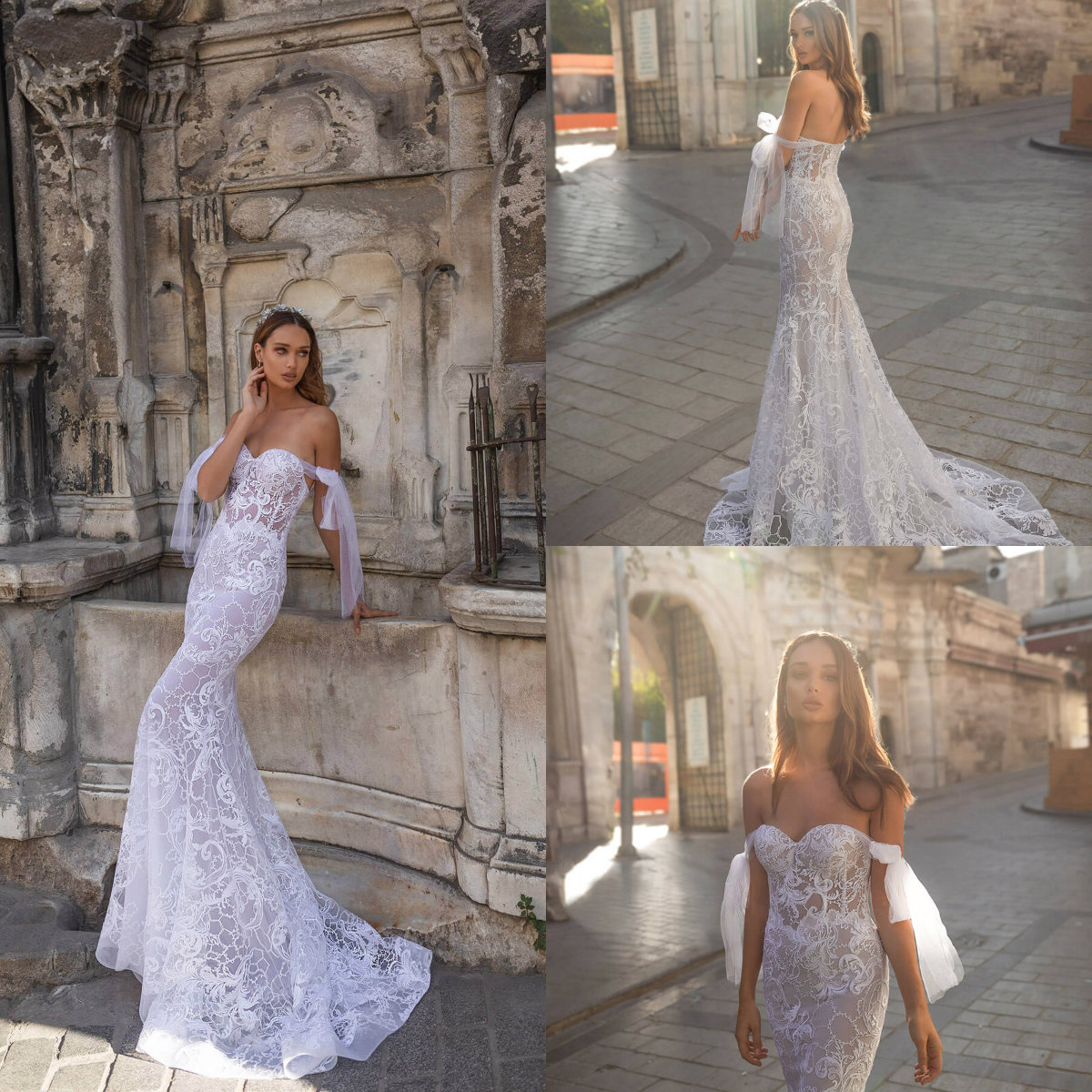 2019 Mermaid Wedding Dresses Off The Shoulder Lace Appliqued Illusion Bodice Sweep Train Beach Wedding Dress Custom Made Boho Bridal Gowns