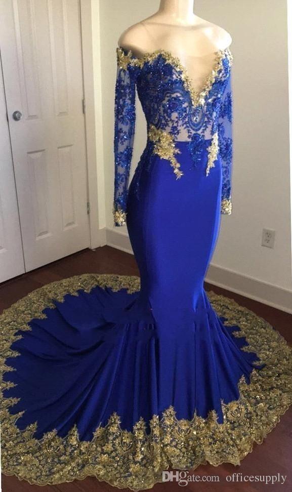 2019 Royal Blue Prom Dresses with Gold Appliques Lace Off The Shoulder Illusion Long Sleeves Evening Gowns Custom Special Occasion Dress