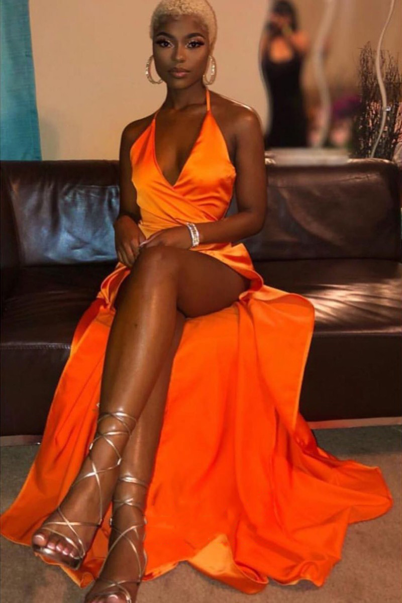Sexy Orange Black Girls Prom Dresses Hater Neck High Side Split V Neck Satin Floor Length Formal Evening Party Gowns, Lavender
Sexy Orange Black Girls Prom Dresses Hater Neck High Side Split V Neck Satin Floor Length Formal Evening Party Gowns, Lavender