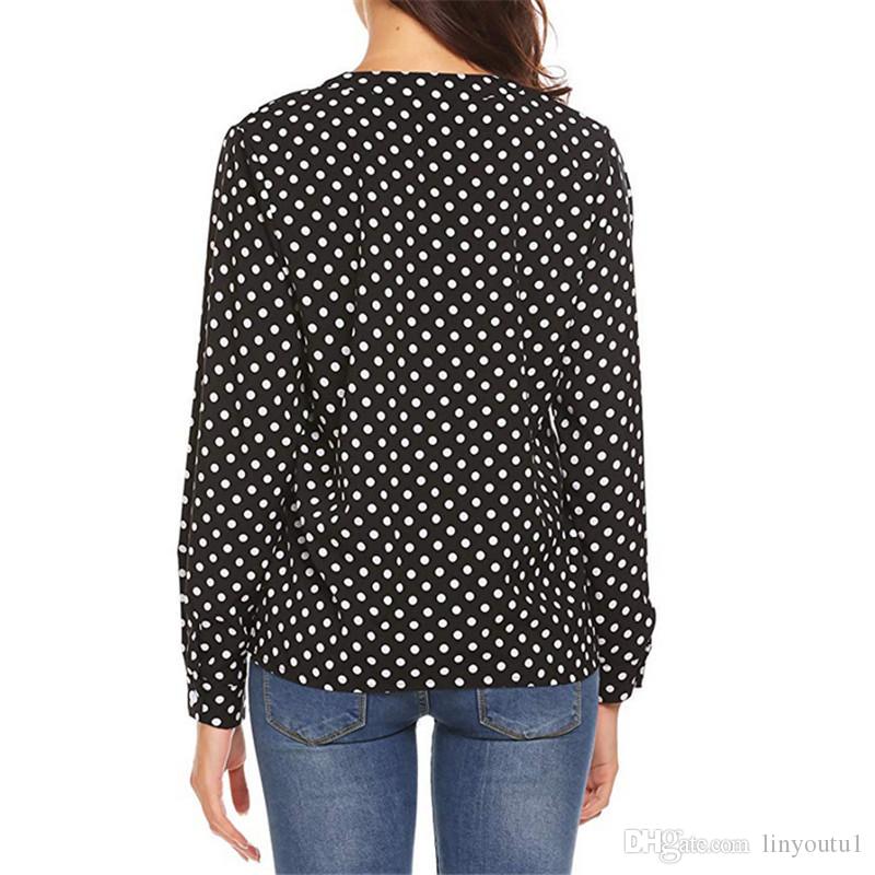 2020 Polk Dot Chiffon Blouse Shirts Plus Size 5XL V-neck Long Sleeve Work Office Ladies Tops 2019 Summer Autumn White Pink
