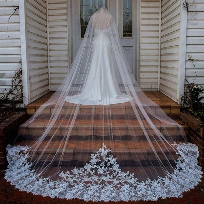 New Appliqued Lace Wedding Veils Long Cathedral Length White Ivory Champagne Bridal Veil with Comb Custom Made Wedding Veil