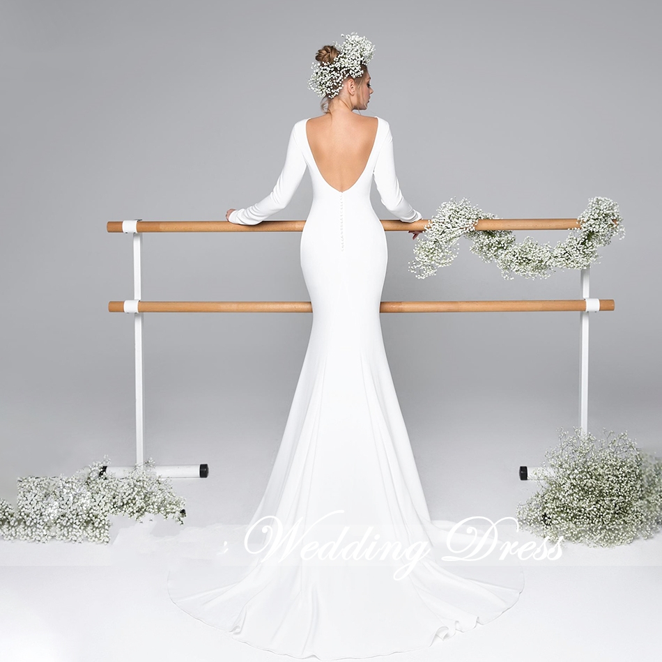 Scoop Satin Sexy Backless Mermaid Wedding Dress 2020 New Vintage Long Sleeve Simple Wedding Gowns Vestido De Novia