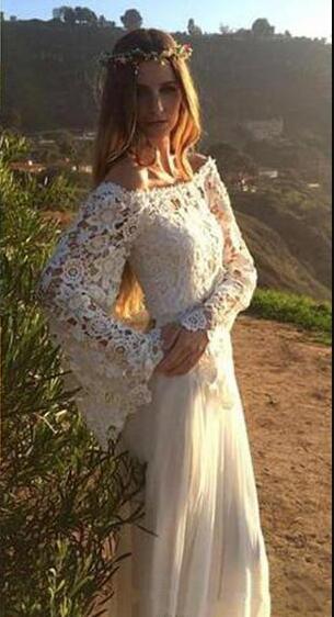 2020 new cheap Two Pieces Beach Wedding Dresses A Line Scoop Lace Chiffon Bridal Gowns With Long Sleeves Floor Length Wedding Gowns