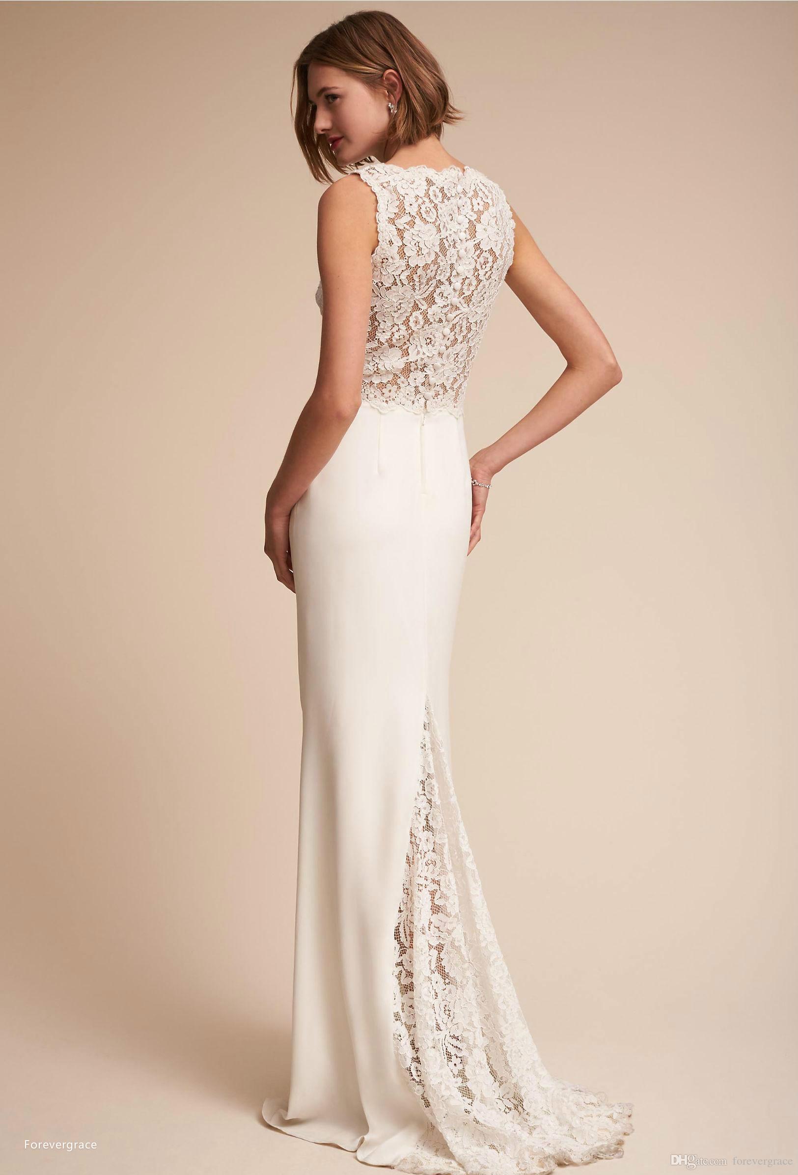 2019 Exquisite Illusion Lace Appliqued Wedding Dress Modern Beach Sheath V Neck Long Bridal Gown Custom Made Plus Size