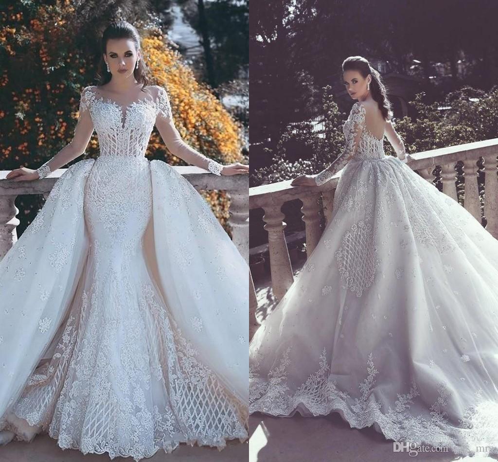 New Sexy Mermaid Wedding Dresses Full Lace Appliques Beads Illusion Long Sleeves Sheer Open Back Overskirts Ruffy Formal Bridal Gowns