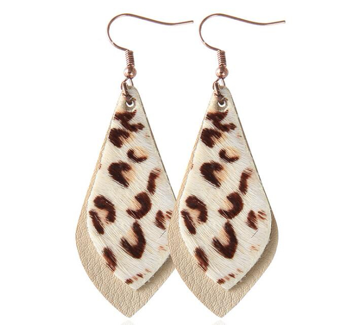 Printing Leopard drops earrings Autumn & Winter Double layers leaf real leather drop earrings for women gift GD4