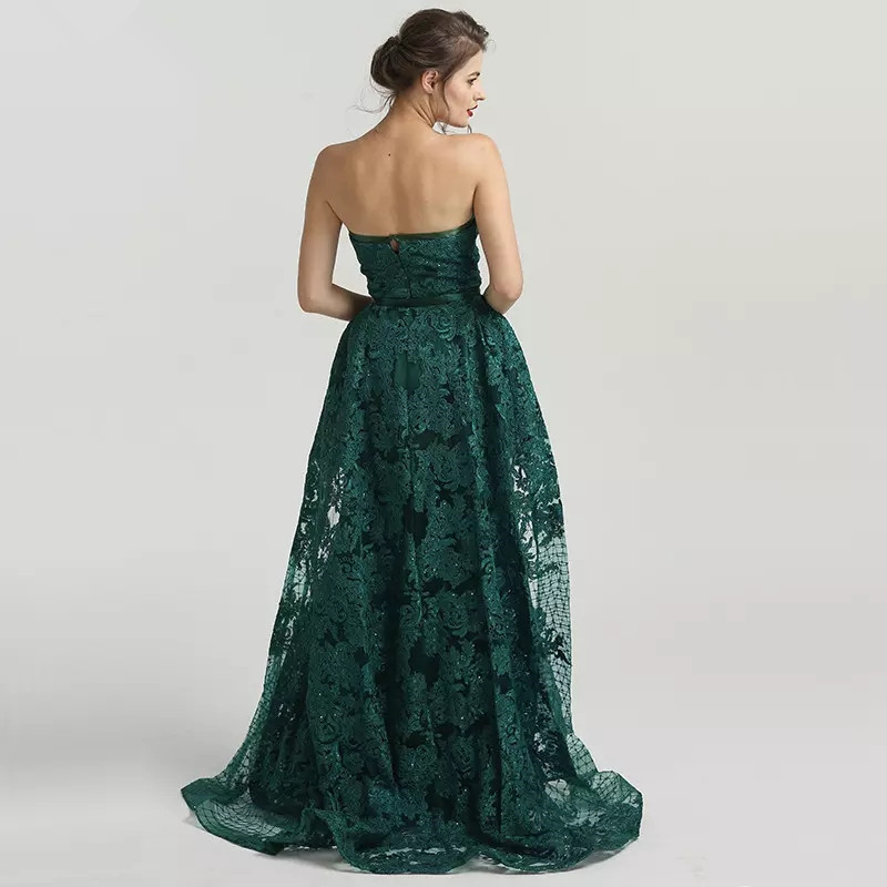 Dark Green Lace Prom Dresses Detachable Train Formal Evening Gowns Strapless Floor Length Sheath Party Dress
