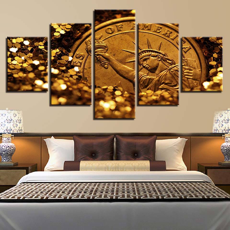 Modular Canvas Wall Art Pictures 5 Pieces Glittering Gold Painting Living Room Decor HD Print Statue Of Liberty Poster(No Frame)
