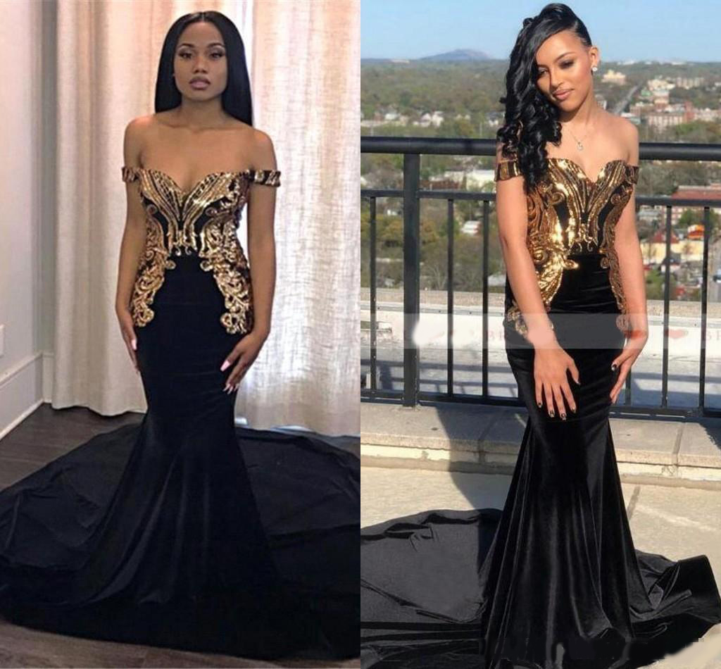 Elegant Black Gold Metal Appliqued Mermaid Prom Dresses Off The Shoulder Black Girls Formal Party Evening Gowns