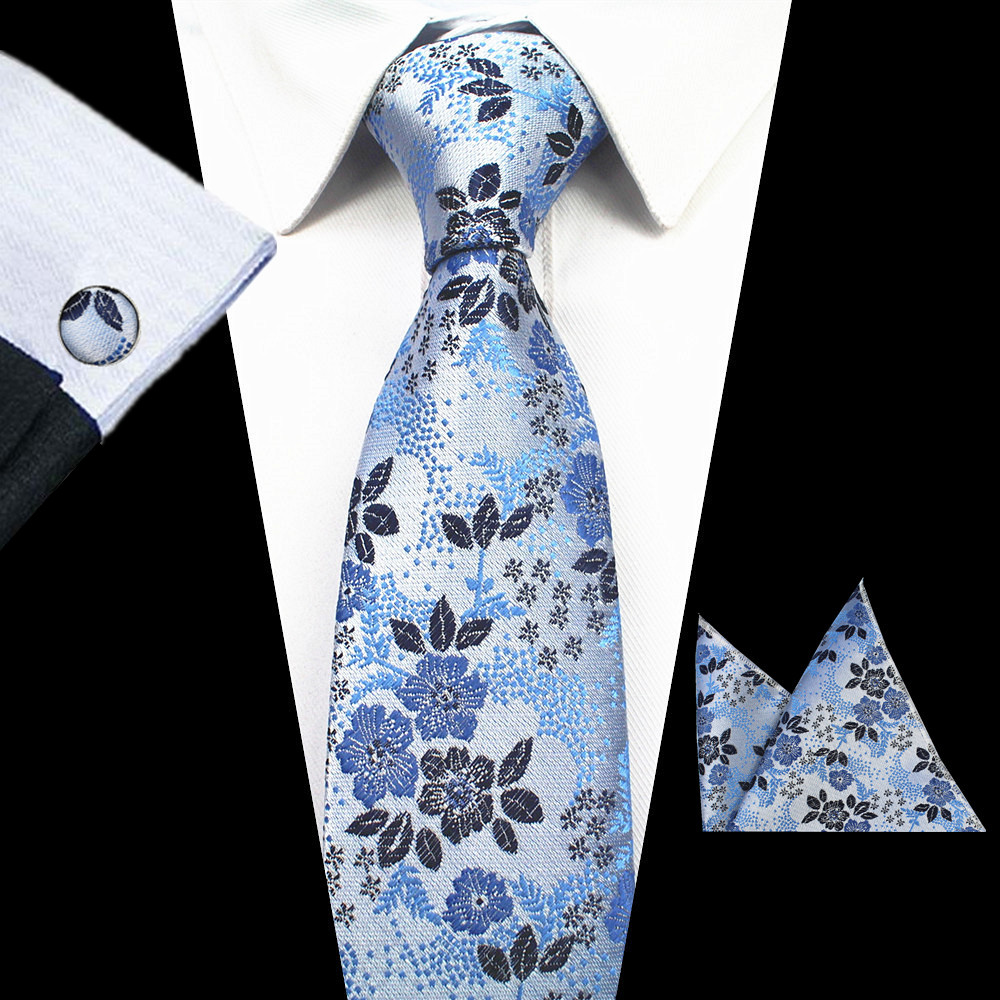 RBOCOTT New Designs Fashion Floral Ties 7cm Mens Tie Silk Jacquard Neck Ties Pocket Square Cufflinks Set For Wedding Party Suit
