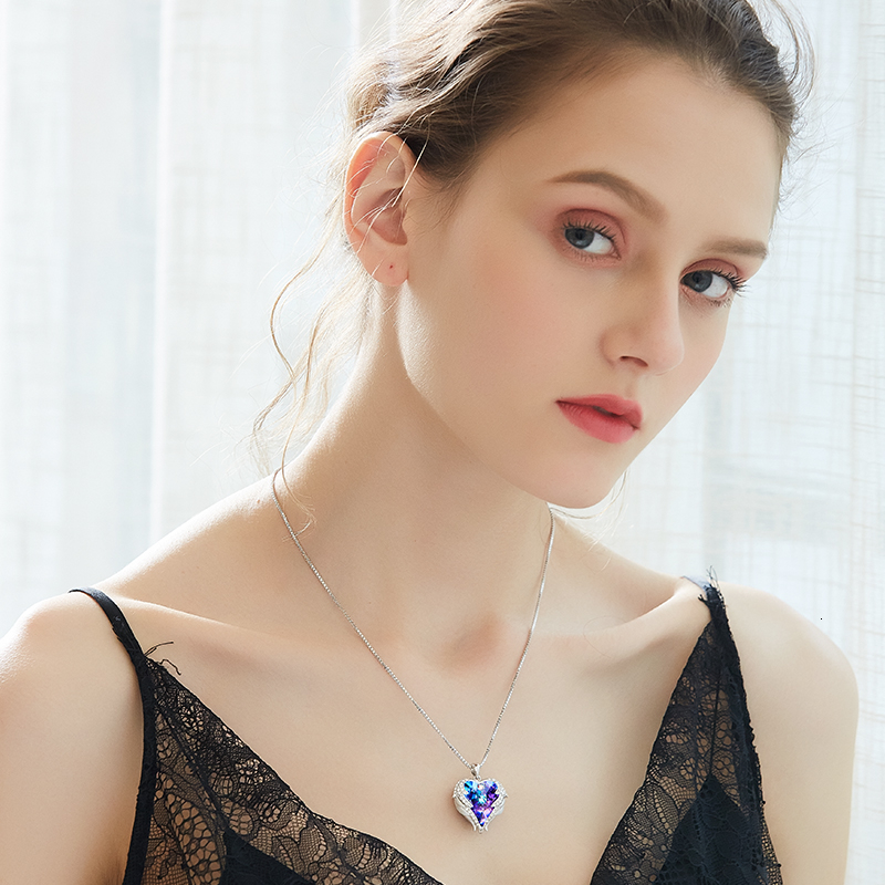 CDE Fashion Angel Wings Heart Shape Pendant Necklace with Amethyst Crystal for Women Fine Jewelry Valentine's Day Gifts CJ191210