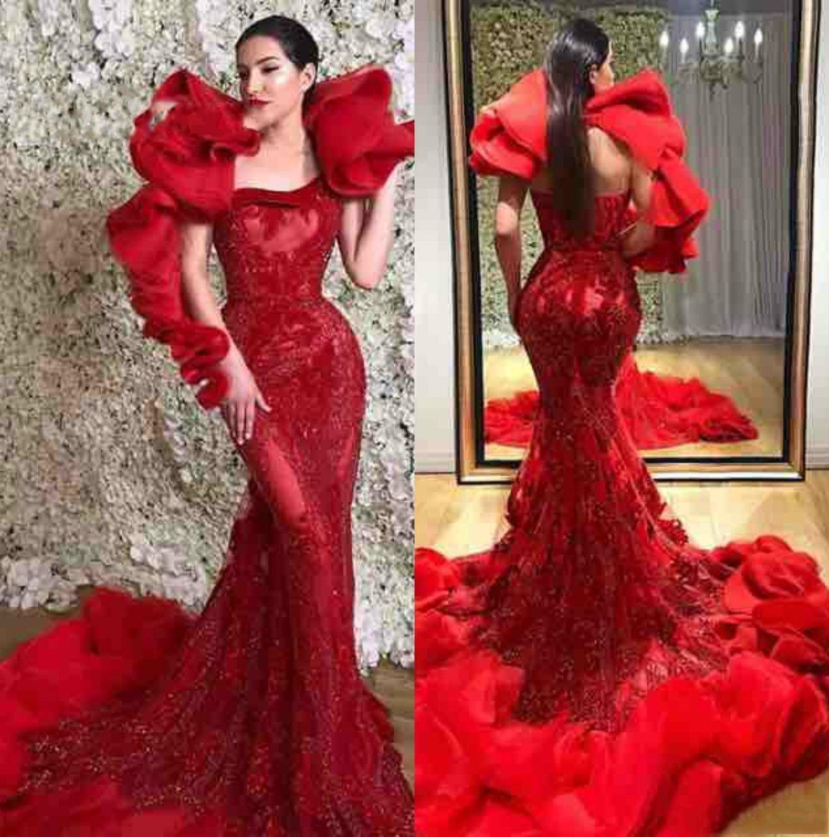 Red Unique Mermaid Trumpet Prom Dresses 2020 Ruffles Wrap Sleeve Floral Sweep Train Lace Applique Arabic Evening Gown robes de mariée