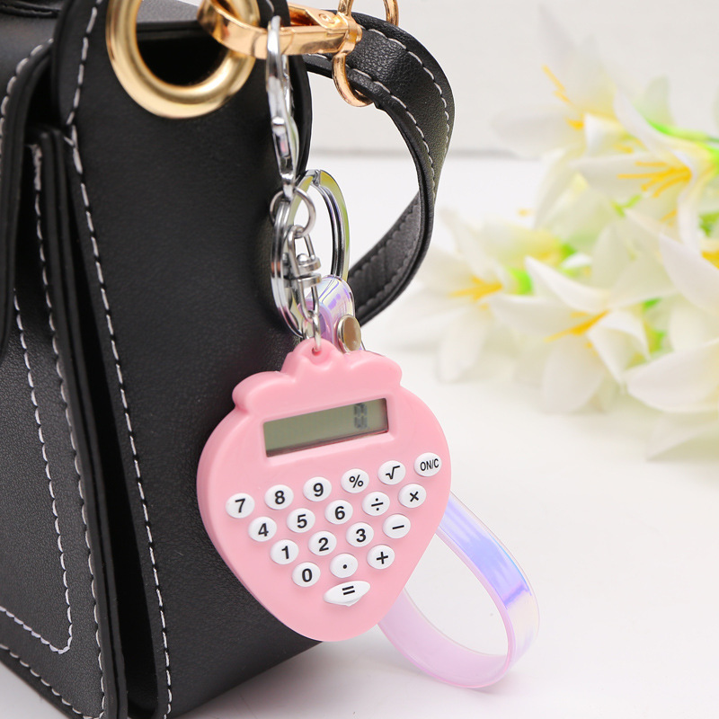 pocket size 8 Digits Display Cartoon Mini Ultra-thin Button Battery Cute stawberry Calculator with key chain for school student