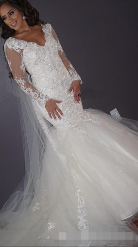 Gorgeous Long Sleeves Mermaid Wedding Dresses Lace Applique Scalloped V Neck Plus Size Tulle Country Wedding Gown vestido de novia