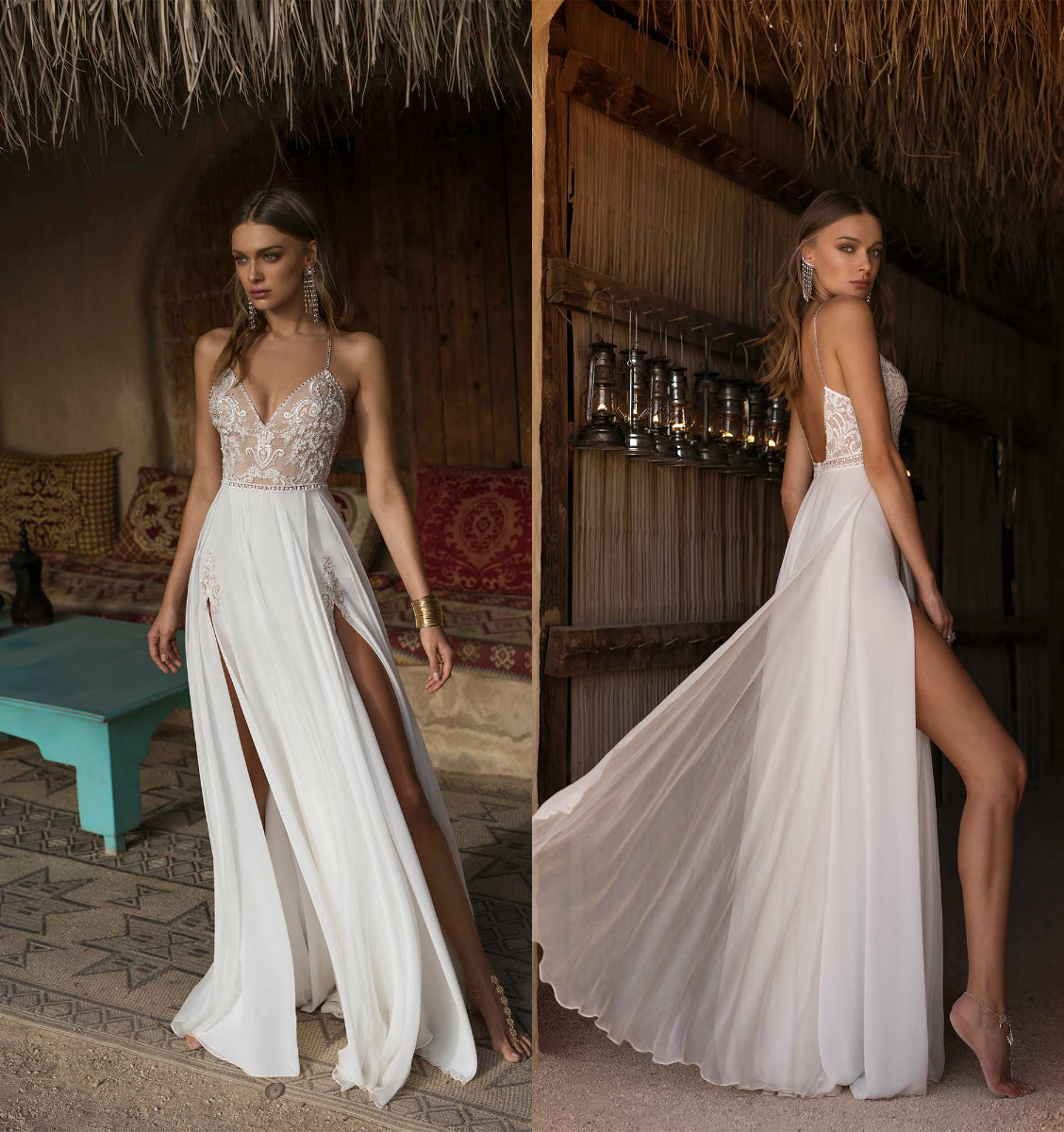 2020 asafdadush Bohemian Backless Split Side Sleeveless Spaghetti A Line Wedding Dresses Lace Crystal Wedding Gowns Floor Length Bridal Gown