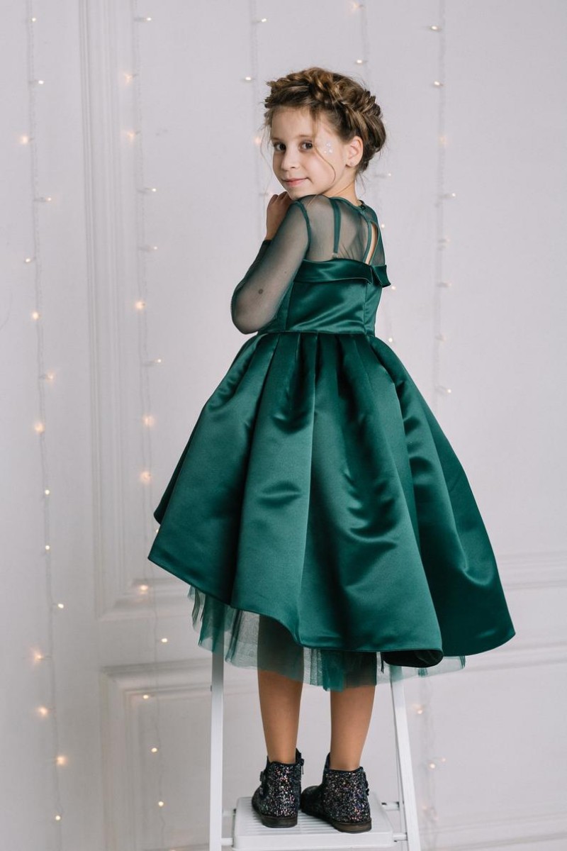 2019 Dark Green Flower Girls Dresses Tulle Long Sleeves High Low Satin Kids Wedding Party Gowns