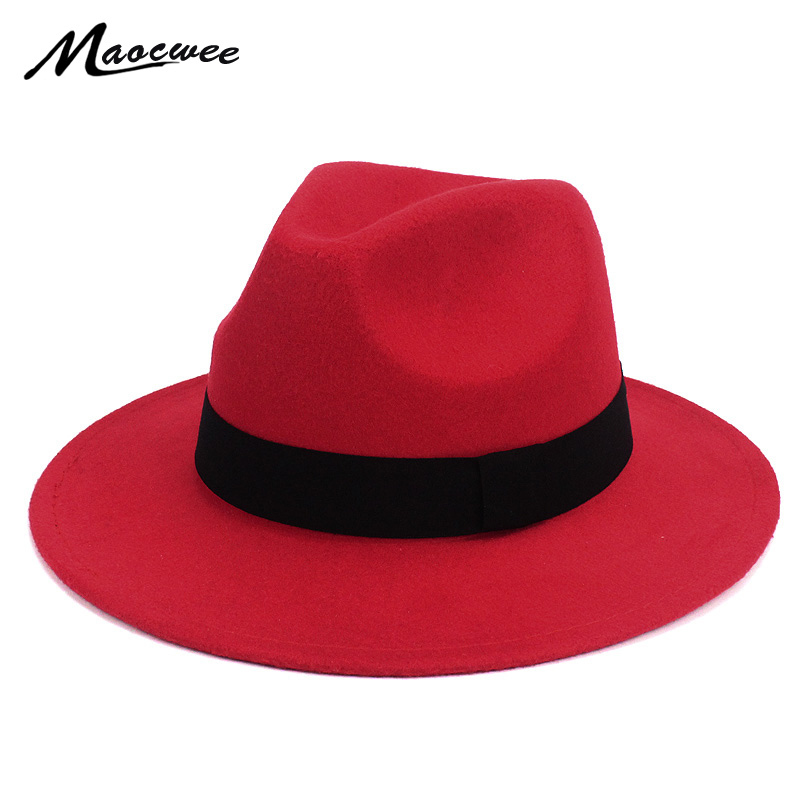 Black Jazz Fedoras For Women Vintage Wide Brim Fedora Hat Floppy Cloche Men Gangster Hat Chapeu Casual Solid Pink Red Bones 2018 D19011102
