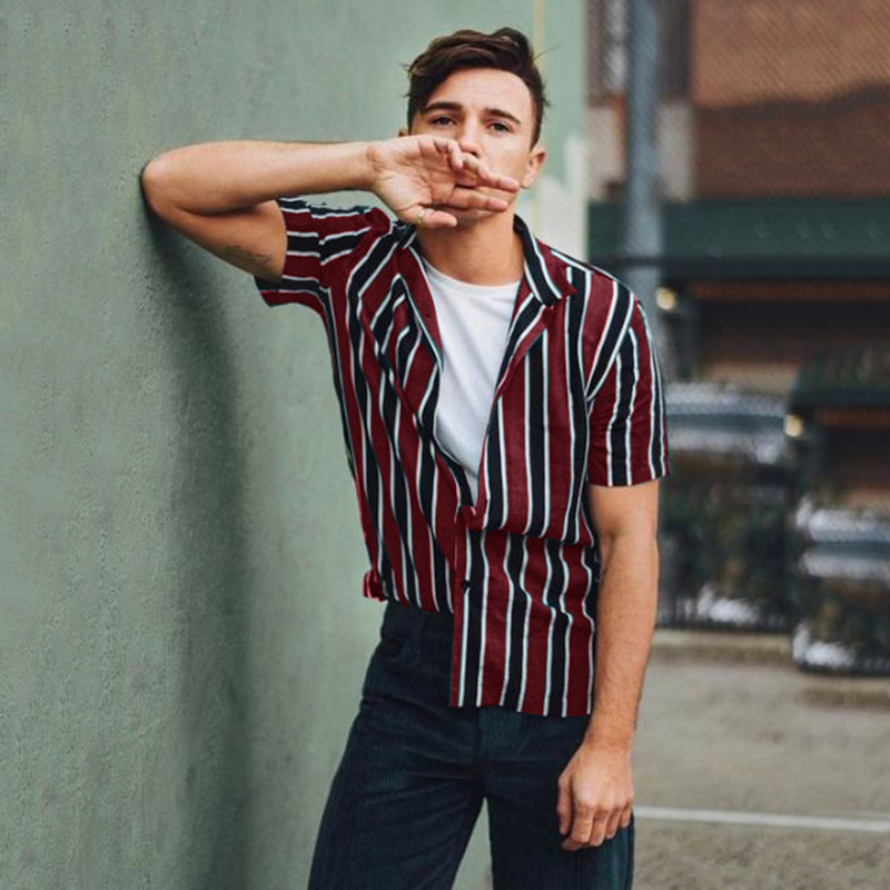 2020 New Men's High Street Casual Shirts Male Striped Streetwear shirt Tops Men Summer Short Sleeves Shirts M-3XL