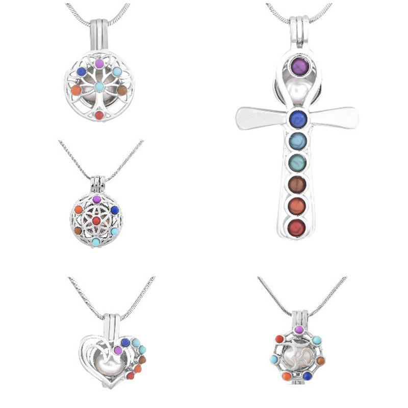 New 7 chakra Yoga Pearl cage Pendant without chain Tree of Life Heart Sanskrit flower Cross Open cages charm For Necklace Jewelry Making