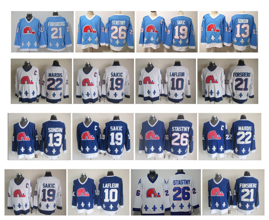 Vintage Quebec Nordiques Jersey 13 Mats Sundin 19 Joe Sakic 21 Peter Forsberg 26 Peter Stastny 22 Mario Marois Blue White Hockey Jerseys, Black;red
Vintage Quebec Nordiques Jersey 13 Mats Sundin 19 Joe Sakic 21 Peter Forsberg 26 Peter Stastny 22 Mario Marois Blue White Hockey Jerseys, Black;red