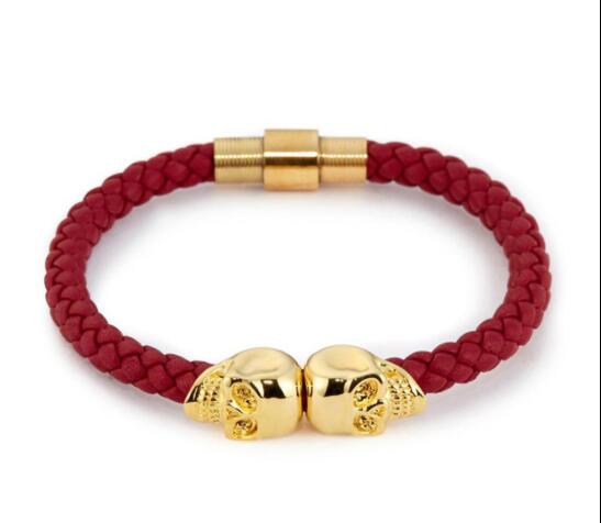 Sell Mens Black Genuine Leather Braided Skull Bracelets Men Women Stainless Steel Gold North Skull Bangle Fashion Jewelry